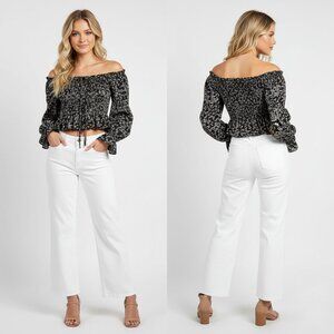 Papaya : Smocked Off-Shoulder Romantic Black Crop Top Ruffle Sleeves Floral : L